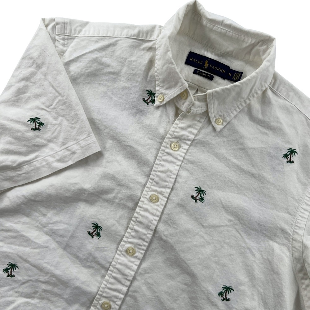 Ralph Lauren Classic Fit White Cotton Palm Tree Embroidered Shirt Men Medium AOP